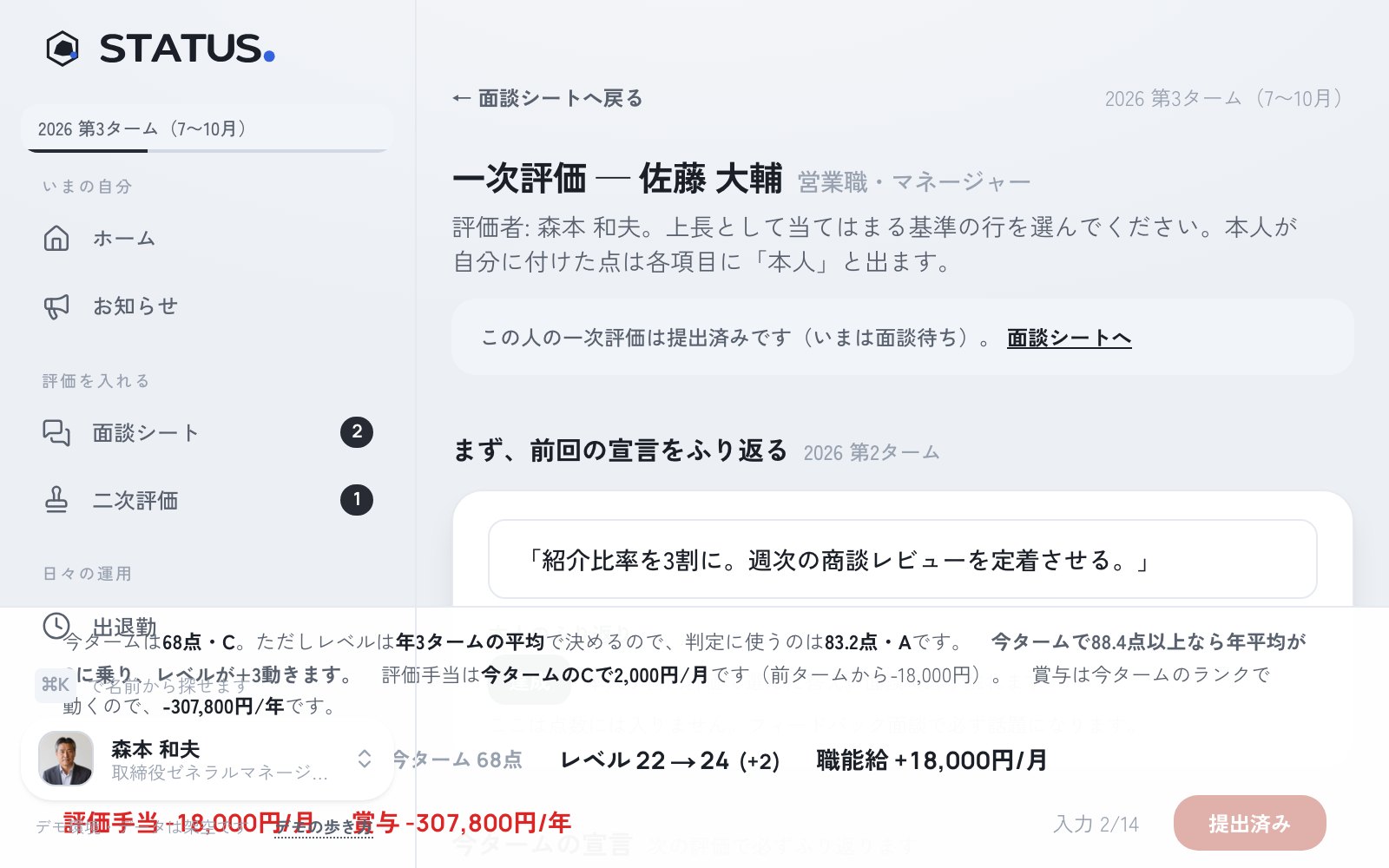 自己評価の入力画面。成果の実績入力と、行動6軸の基準行を選ぶ形式