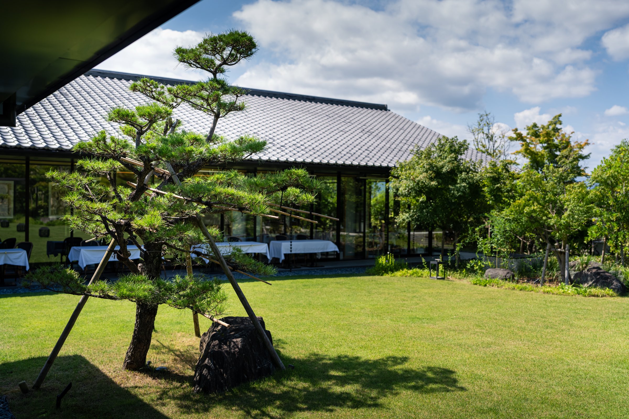 瓦屋根のガラス張りの棟と支柱で支えられた松(ザ・ホテル青龍 京都清水)