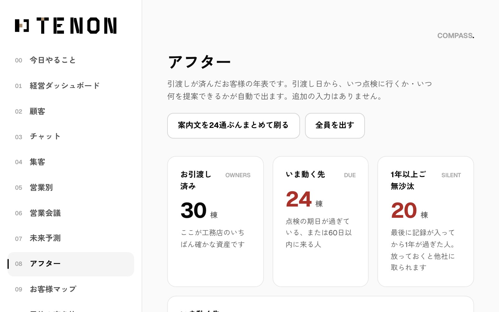 アフター画面。引渡しからの年数ごとの山と、いま提案できる相手の一覧