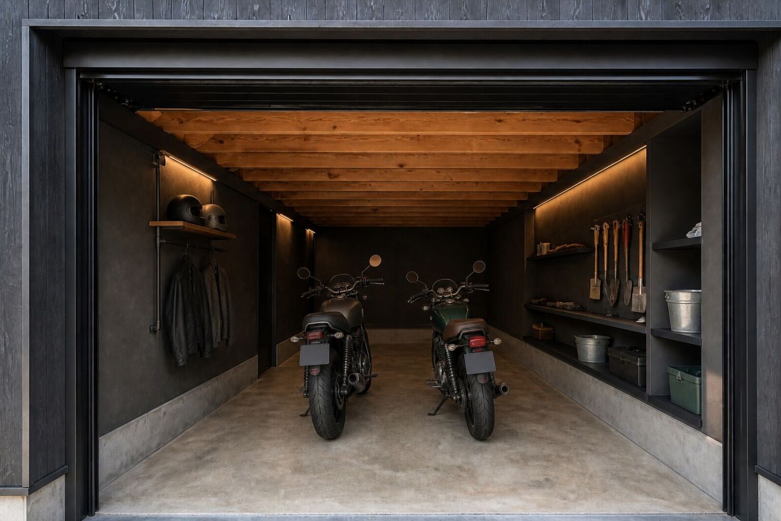 シャッターを開けた土間に、バイクが2台並んでいる