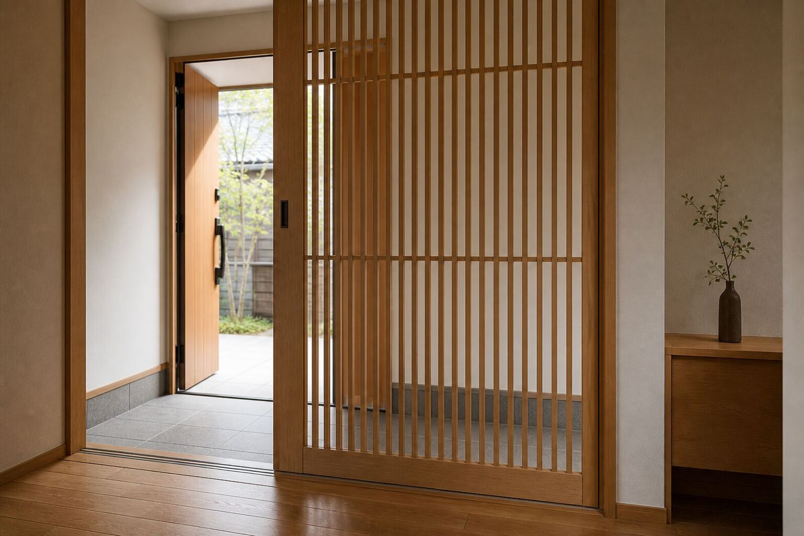 玄関の土間と廊下のあいだに立てられた、木の格子の引戸
