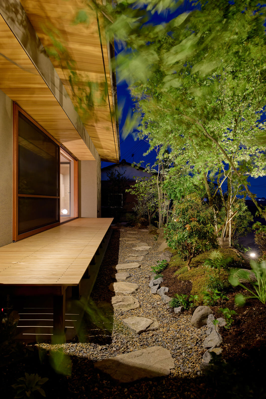 夜、照らされた植栽とウッドデッキ