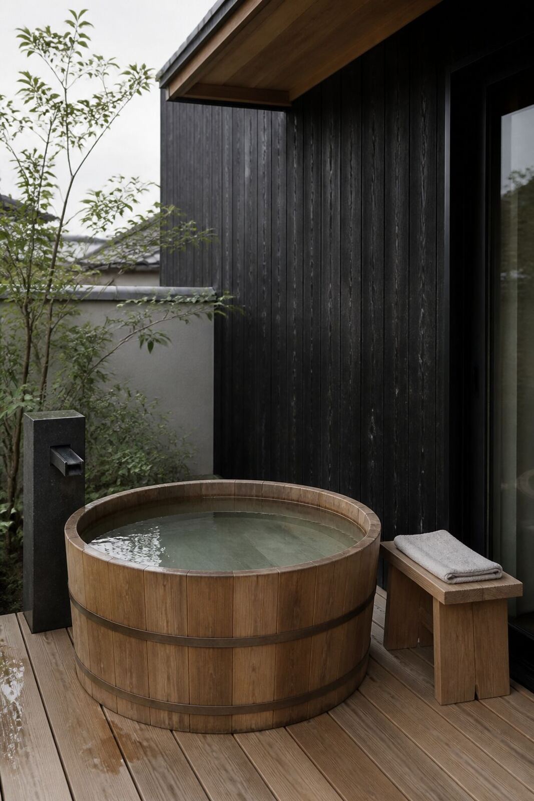 屋外のデッキに置かれた樽型の水風呂