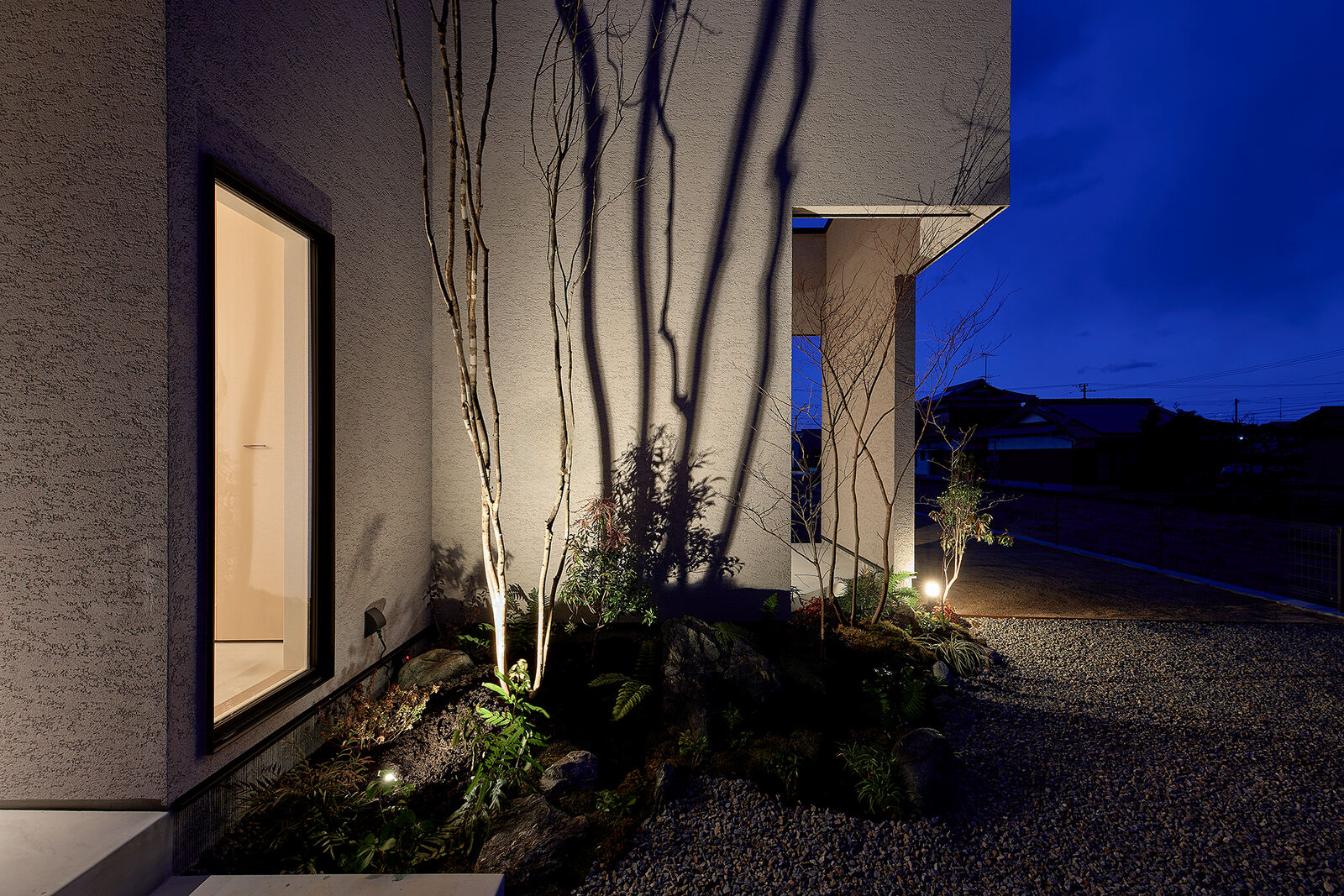 夜の縦窓と植栽のライトアップ